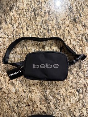 bebe Black Satin Belt Bag/ Crossbody Bag with Rhinestone Logo
